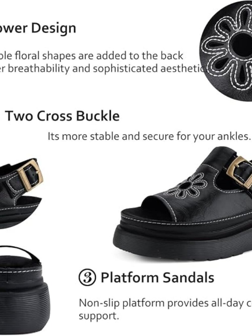 Platform Sandals for Women Chunky Ankle Buckle Casual Open Toe Comfortable Flowe - Picture 3 of 5